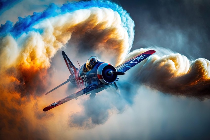 Captivating Blue and Yellow Fighter Plane Flying Through Fog