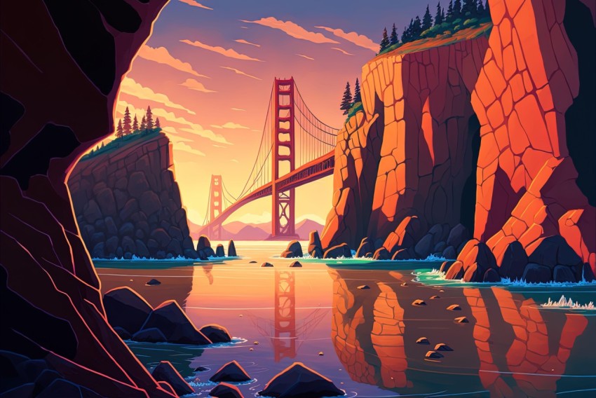 Captivating Cityscape with Golden Gate Bridge | Whimsical Cartoon Illustration