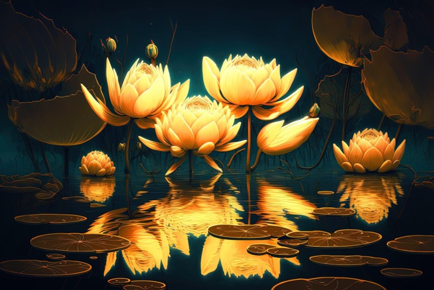 Enchanting 3D Water Lily Painting on Pond | Golden Age Illustrations