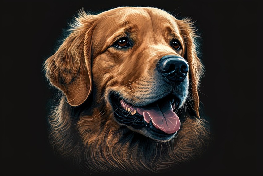 Golden Retriever Engraving on Dark Background | Detailed Character Expressions
