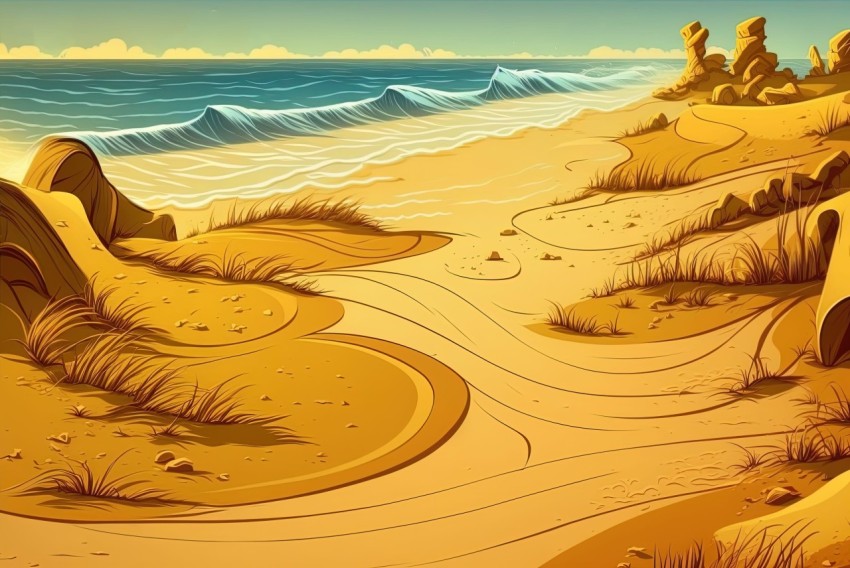 Golden Hues Beach Illustration: Delicate Washes and Detailed Marine Views