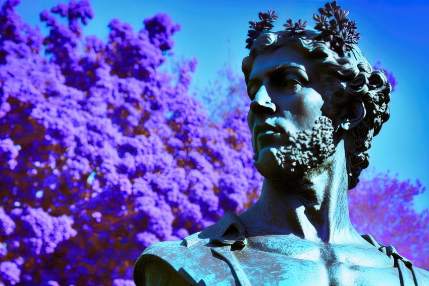 Stunning Statue in Front of Purple Flowers | Hellenistic Art