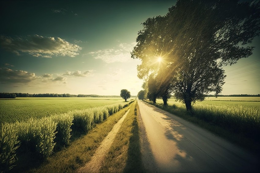 Golden Sunset on Country Road: A Vintage Style Backlit Photography