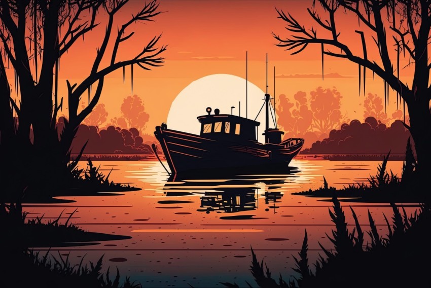 Serene Sunset with Fishing Boat on Lake - Coastal Landscape Art