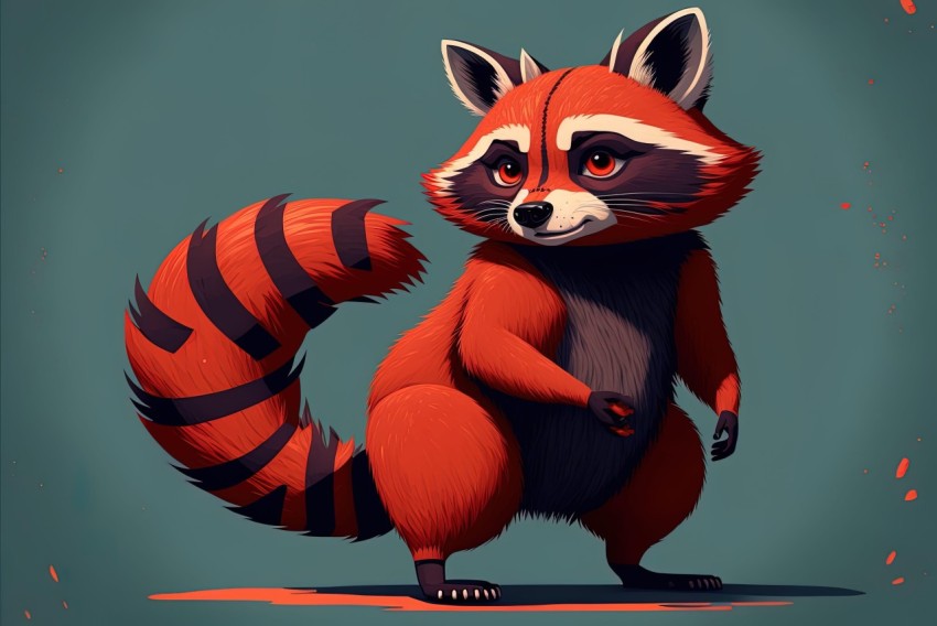 Playful Cartoon Raccoon Illustration in Dark Orange and Light Crimson