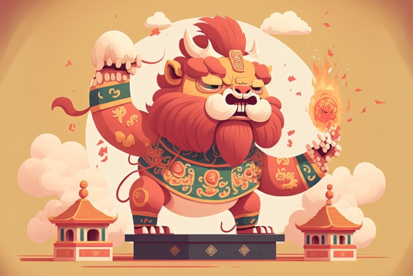 Chinese Fire Lion with Sword: A Folk Art-Inspired Illustration