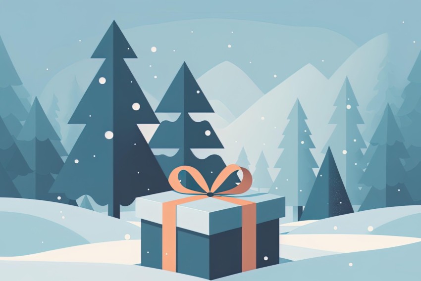 Christmas Gift Box in Snowy Forest - Flat Illustration Style