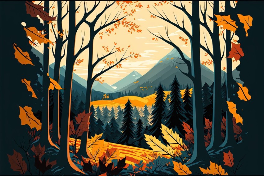 Autumn Forest and Mountain Vistas: A Modern Illustration