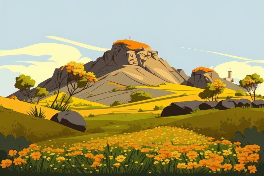 Spring Countryside Landscape - Cartoon Style Mountainous Scenery