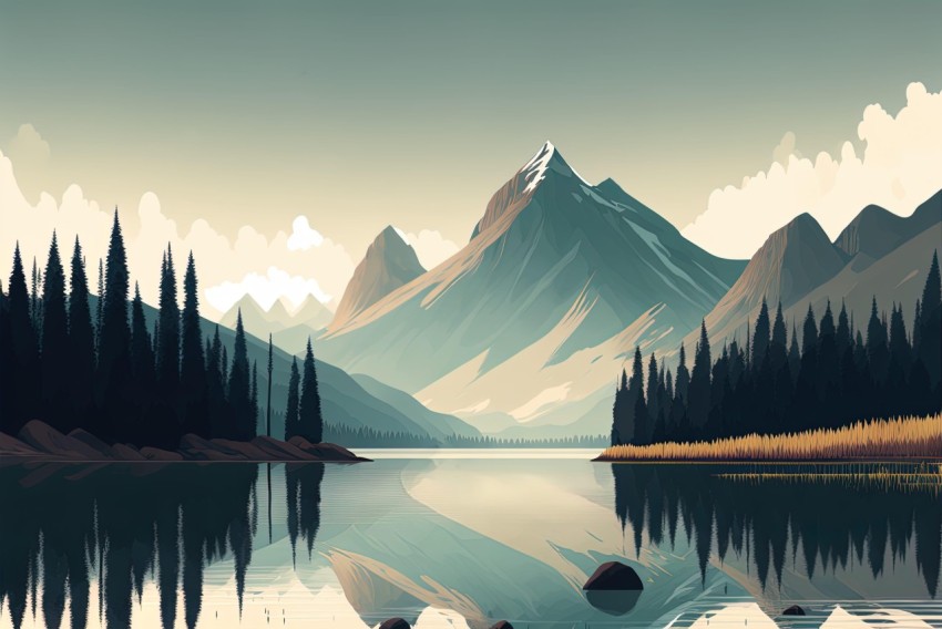 Serene Mountain and Lake Landscape in Vintage Poster Style