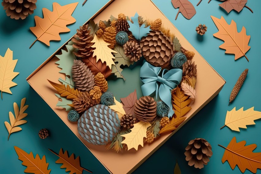 Handmade Wreath with Leaves and Pine Cones on Blue Background