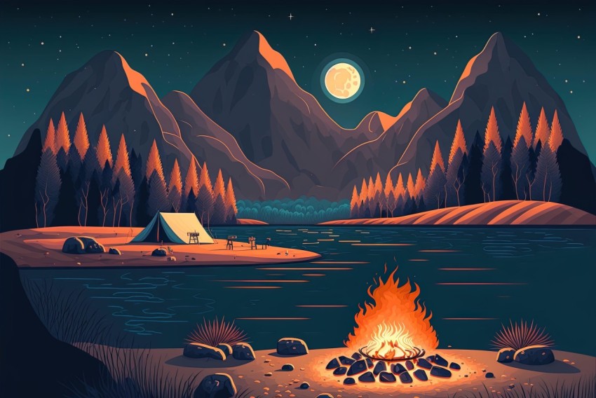 Vintage Poster Style Night Illustration with Campfire and Mountains