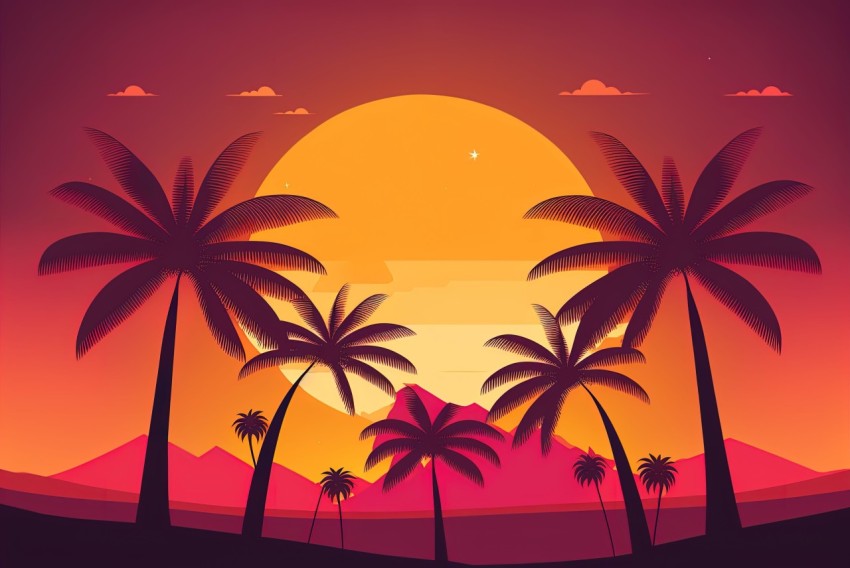 Retro Futuristic Sunset with Palm Trees and Mountains