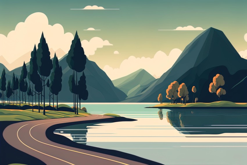 Detailed Graphic Illustration of Serene Landscape with Road and Lake