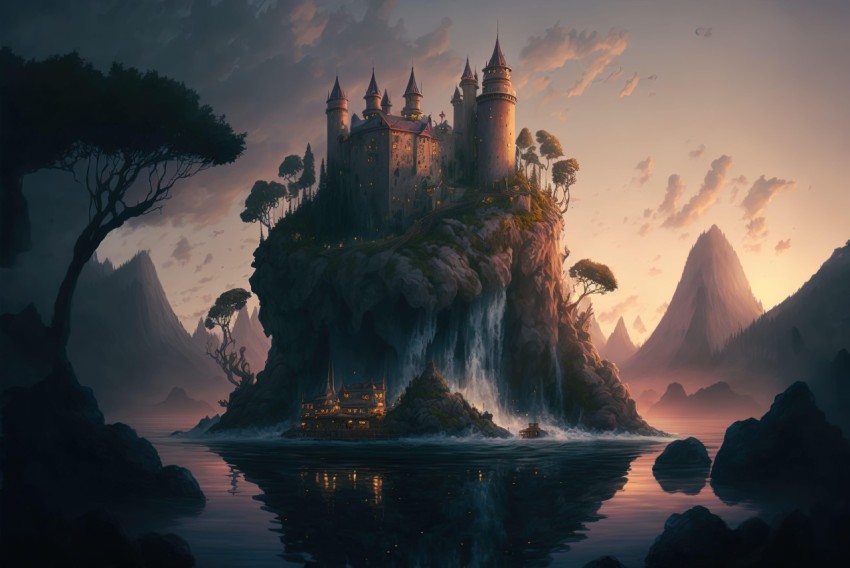 Fantasy Castle on Rocky Island: Detailed Atmospheric Illustration
