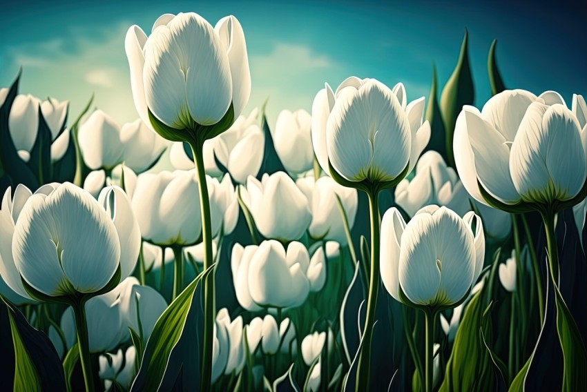 White Tulips in Field against Blue Sky - Detailed Illustration