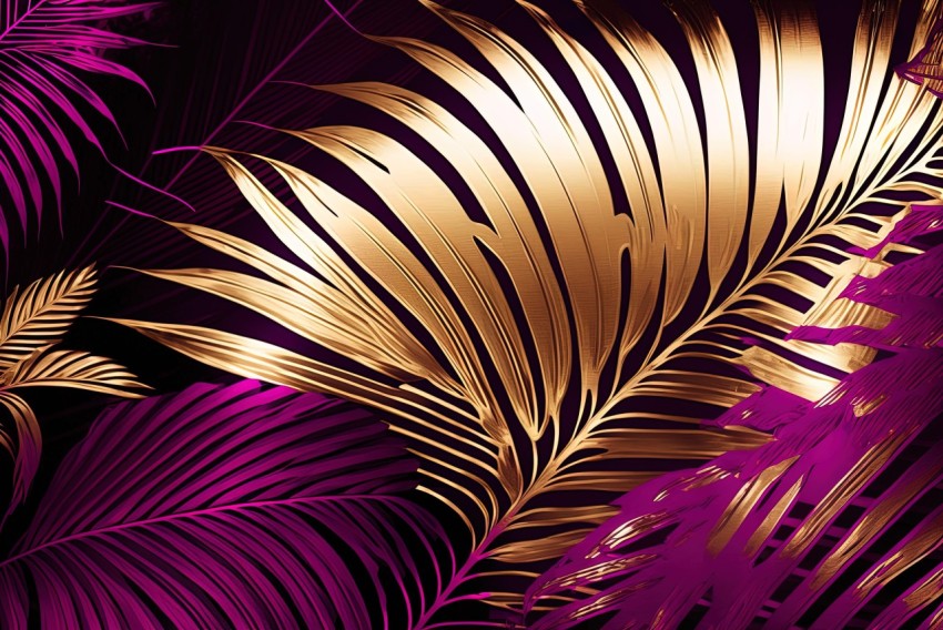Golden Tropical Leaves on Purple Background - Graphic Illustration