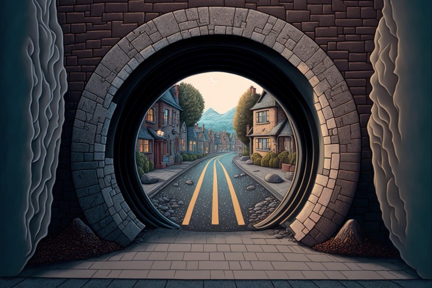 Whimsical Cityscape Through Tunnel - Optical Illusion Artwork