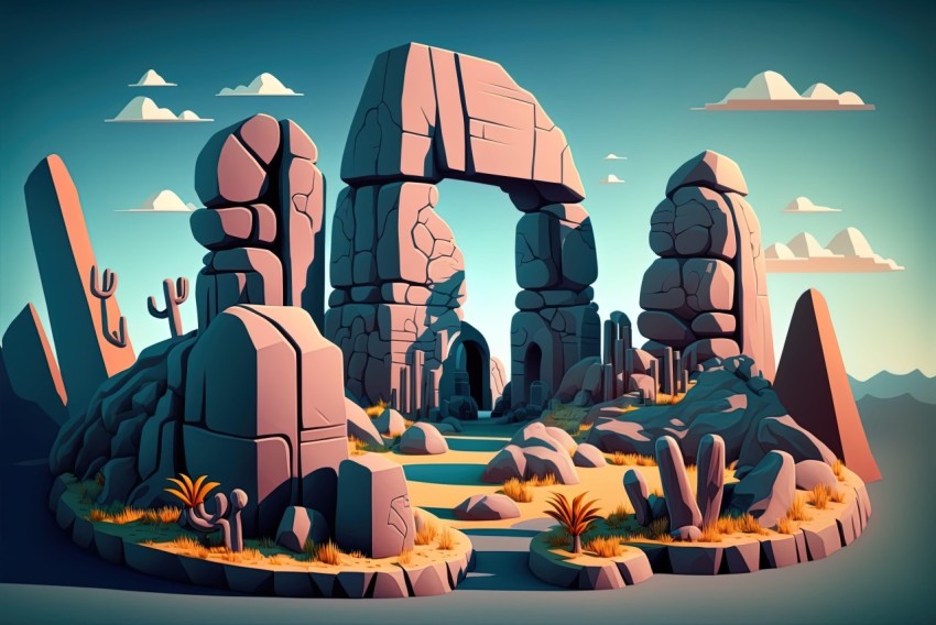 Low Poly Desert Landscape with Arched Doorways and Intense Colors