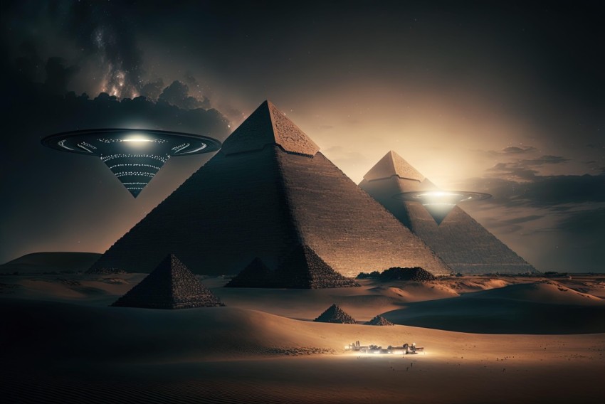 UFO Over Pyramids: A Celestialpunk Artistic Representation