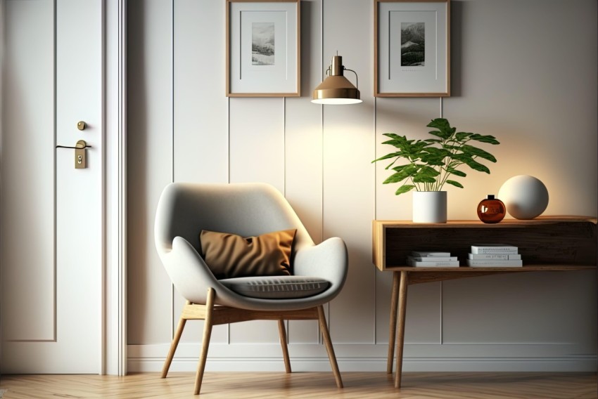 Cozy Living Room Scene with Photorealistic Details and Midcentury Modern Style
