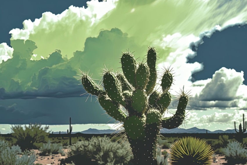 Digital Painting of Cactus against Storm Clouds: High-Contrast Realism