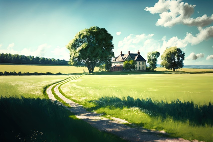 Painterly Style Farmhouse in English Countryside Landscape