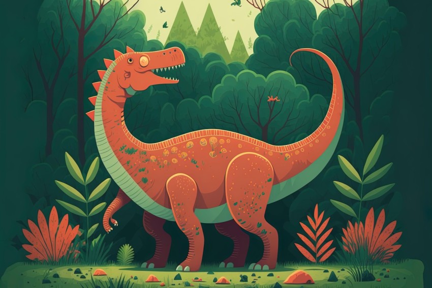 Large Orange Dinosaur in Forest - Mid-Century Style Illustration