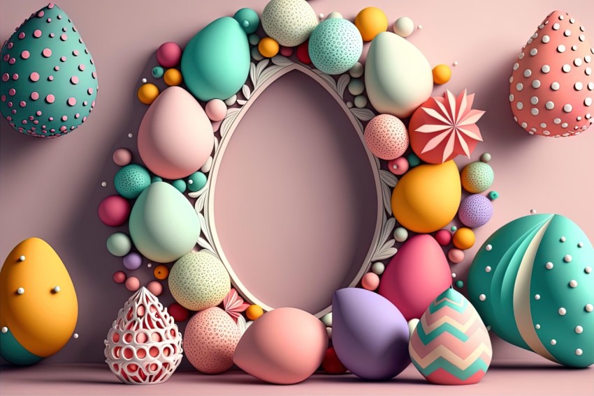 Colorful 3D Easter Eggs Wreath on Pink Background