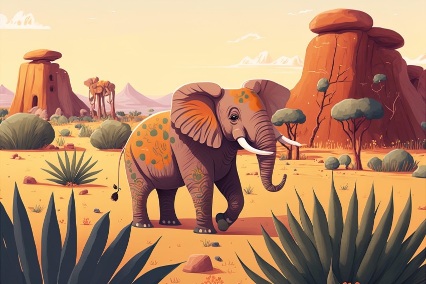 Elephant in Desert - Colorful Character Design Illustration