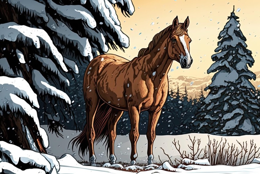 Illustrative Comic Art of Horse in Snowy Landscape