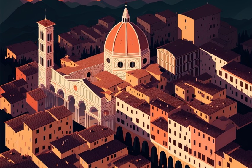 Florentine Cityscape: Pop Art-Inspired Illustration with Chiaroscuro Elements