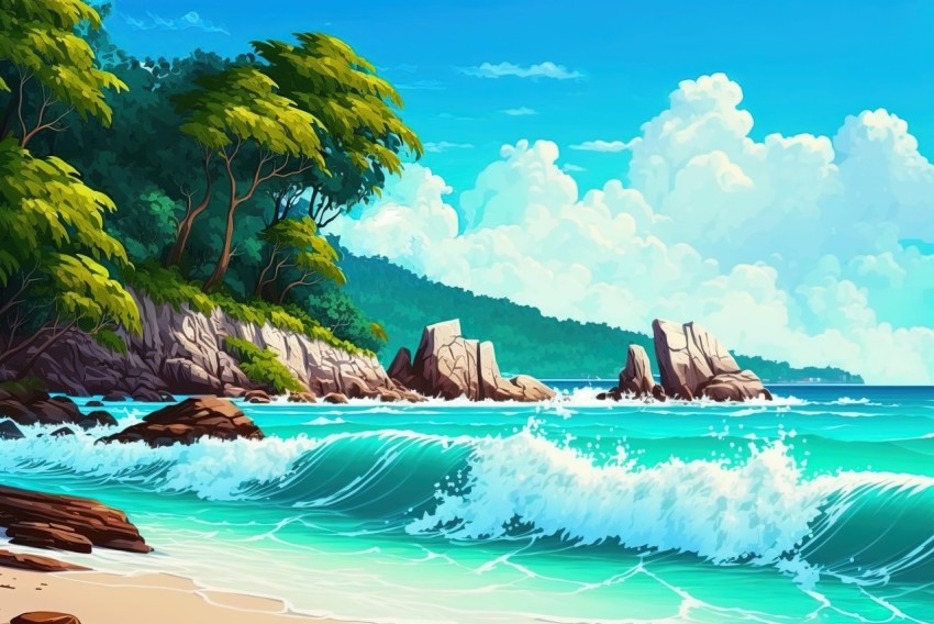 Colorful Cartoon Style Ocean Scene with Naturalistic Waves