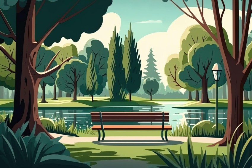 Retro-Styled Vector Illustration of a Park Bench by a Lake