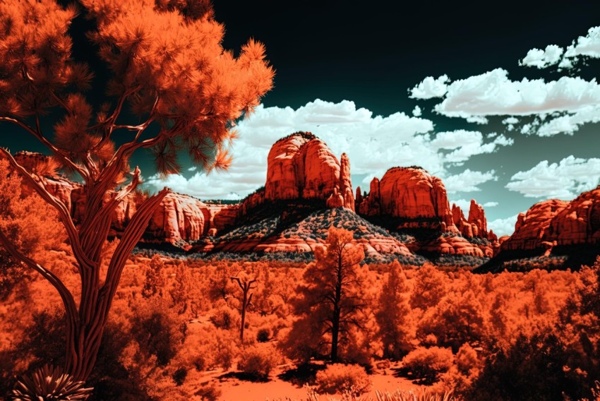 Infrared Style Red Landscape: A Gothic Grandeur in Voxel Art