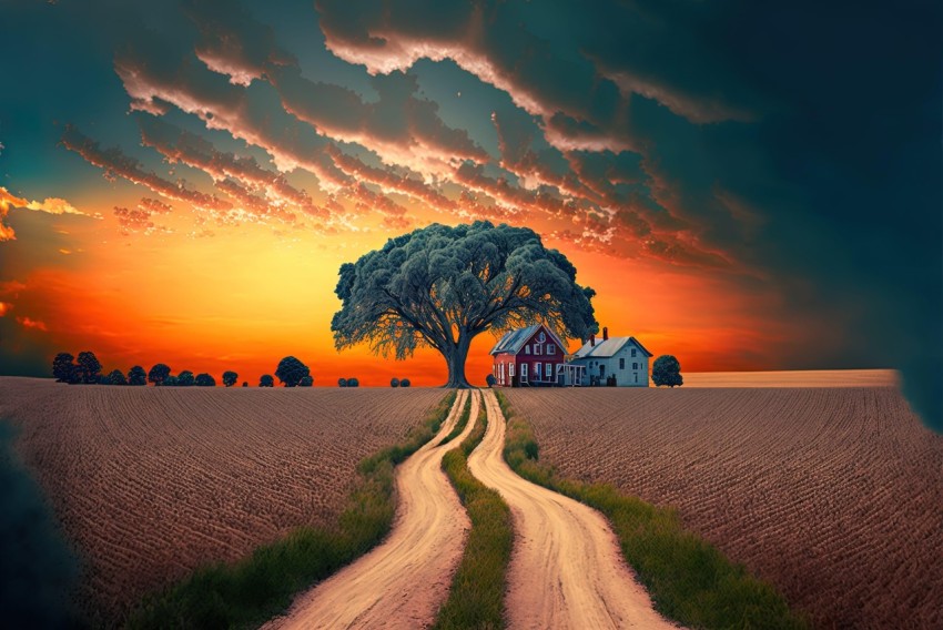 Surreal Architectural Landscape - Richly Colored Skies over Southern Countryside