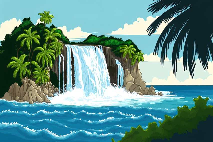 Cartoon Tropical Island with Waterfall - Lively Seascape Art