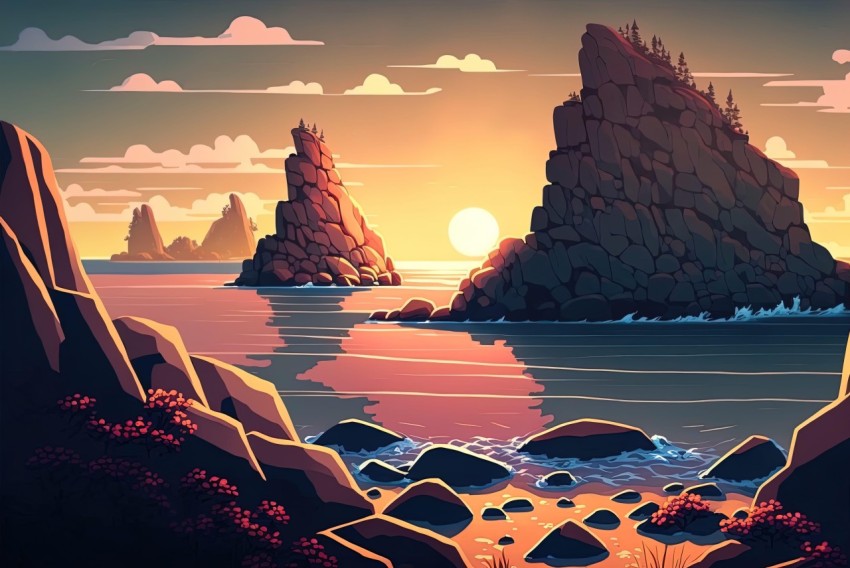 Sunset over the Ocean - Colorful Cartoon Style Landscape
