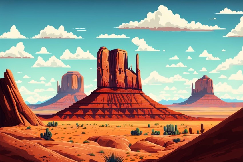 Illustration of Nostalgic Desert Landscape with Iconic American Elements