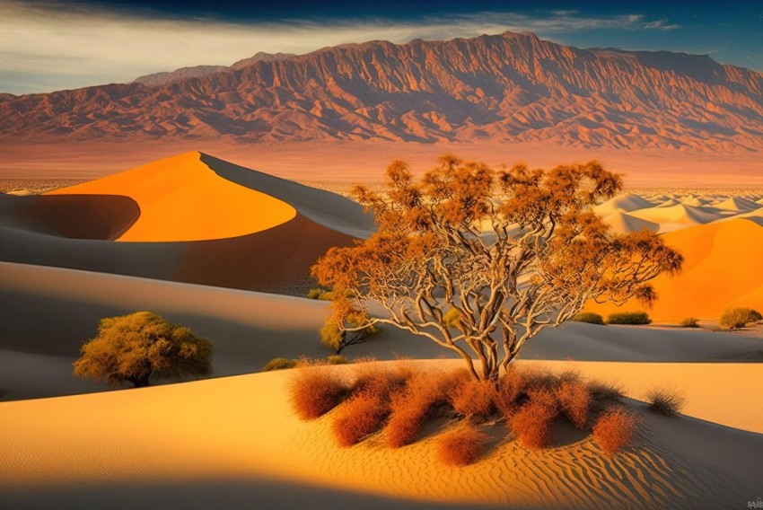 Desert Landscape with Lone Tree and Mountains - Photorealistic Art