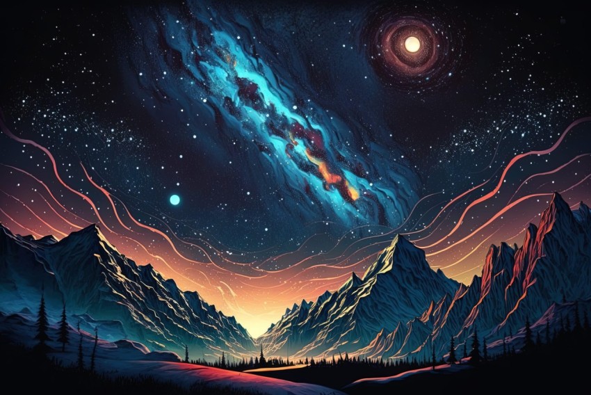 Starry Mountains Panorama - Psychedelic Realism Art Illustration