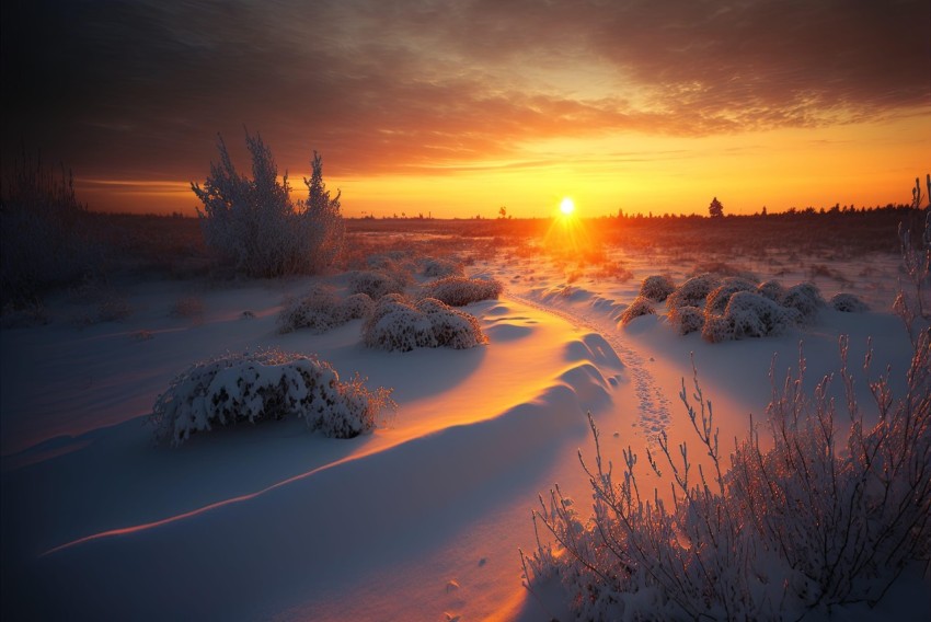 Winter Sunset Over a Snow-covered Field: A Dreamy Landscape