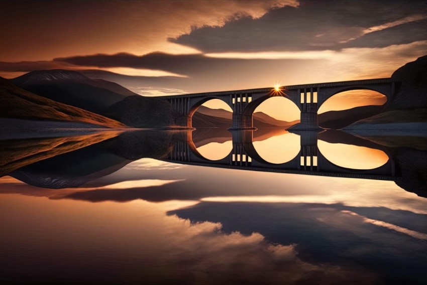 Scenic Scottish Bridge Reflection at Sunset - Classical Symmetry and Light Play