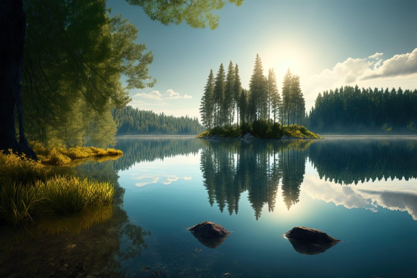 Serene Island Amidst Lake - Atmospheric Woodland Imagery