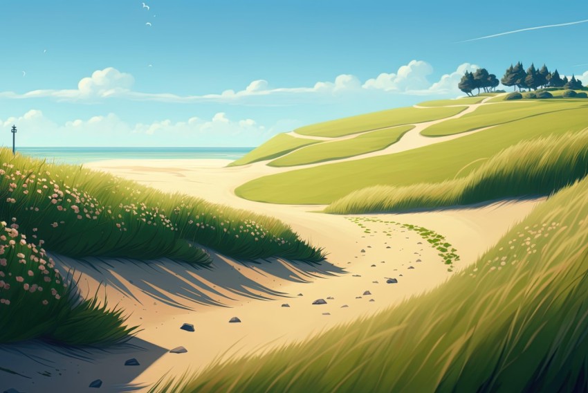 Romantic Coastal Landscape: A Cartoonish yet Realistic Depiction