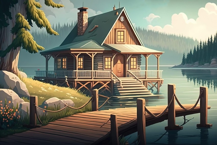 Rustic Lakeside Cabin Illustration - 2D Game Art Style