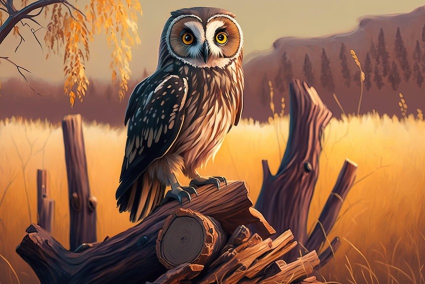 Golden-Lit Owl in Autumn Forest - 2D Game Art Style