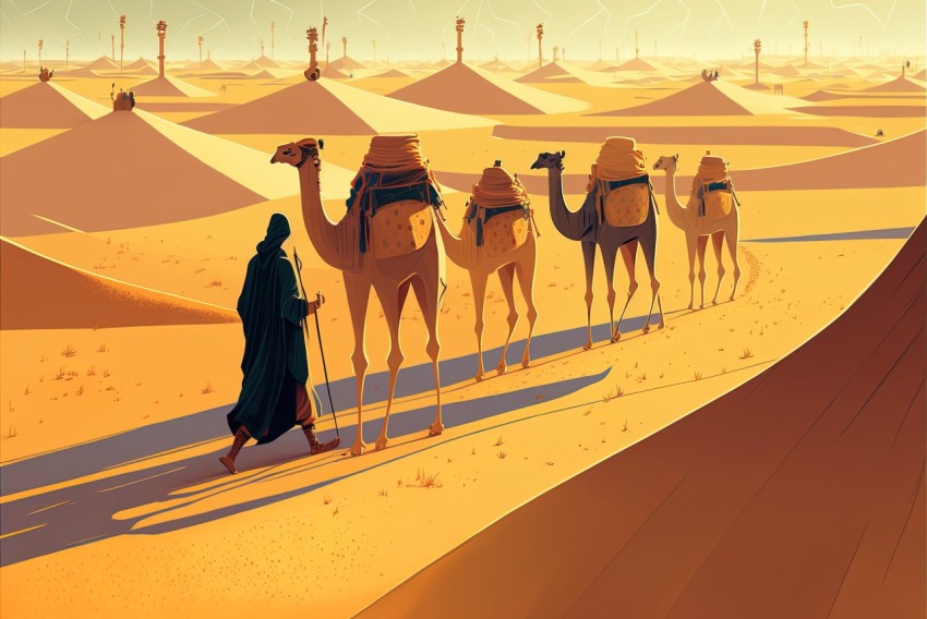 Historical Arabic Camel Caravan Illustration in Desert