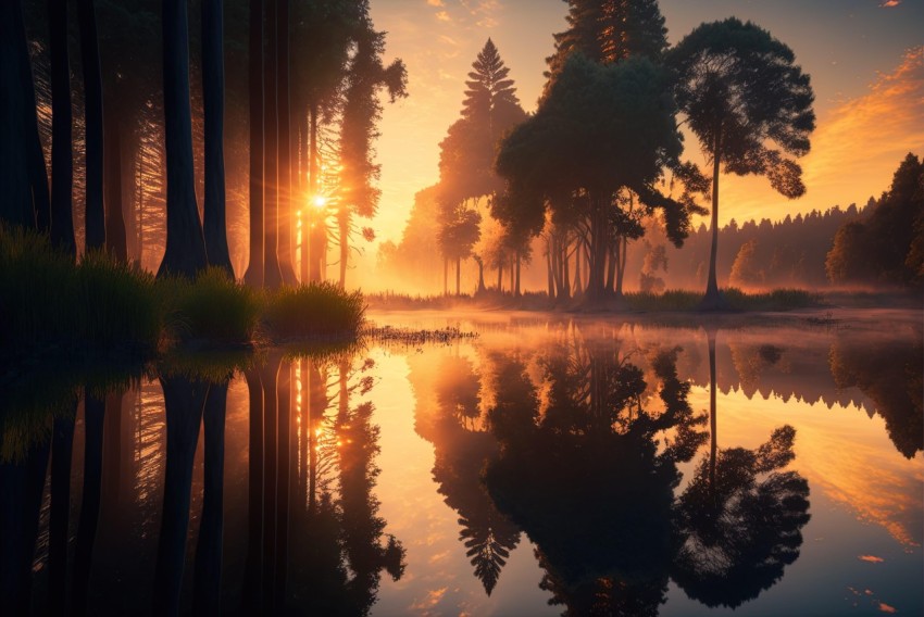 Sunlit Forest by the Lake - Nature's Joyful Celebration
