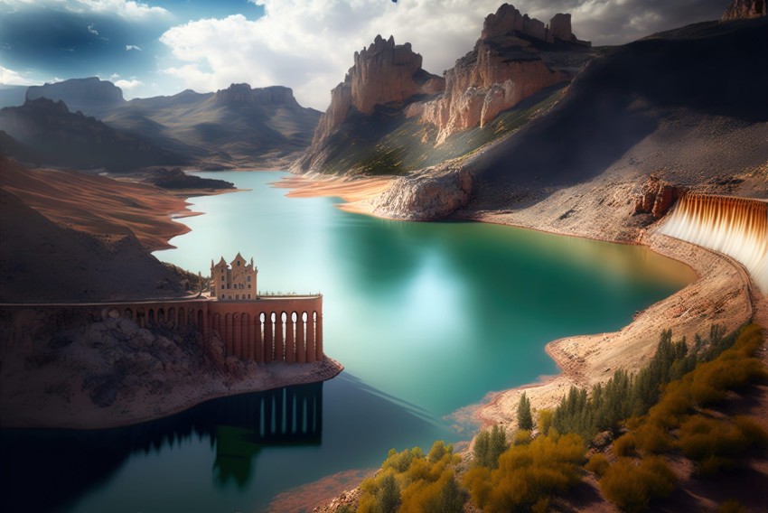 Renaissance-Inspired Dam Amidst Mountains: A Neo-Romantic Display
